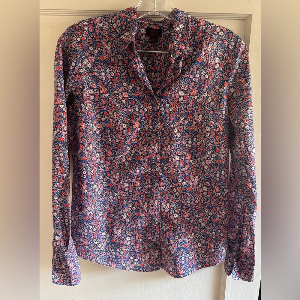 J. Crew Navy Floral Button-Down Shirt with Pink and White Blooms
